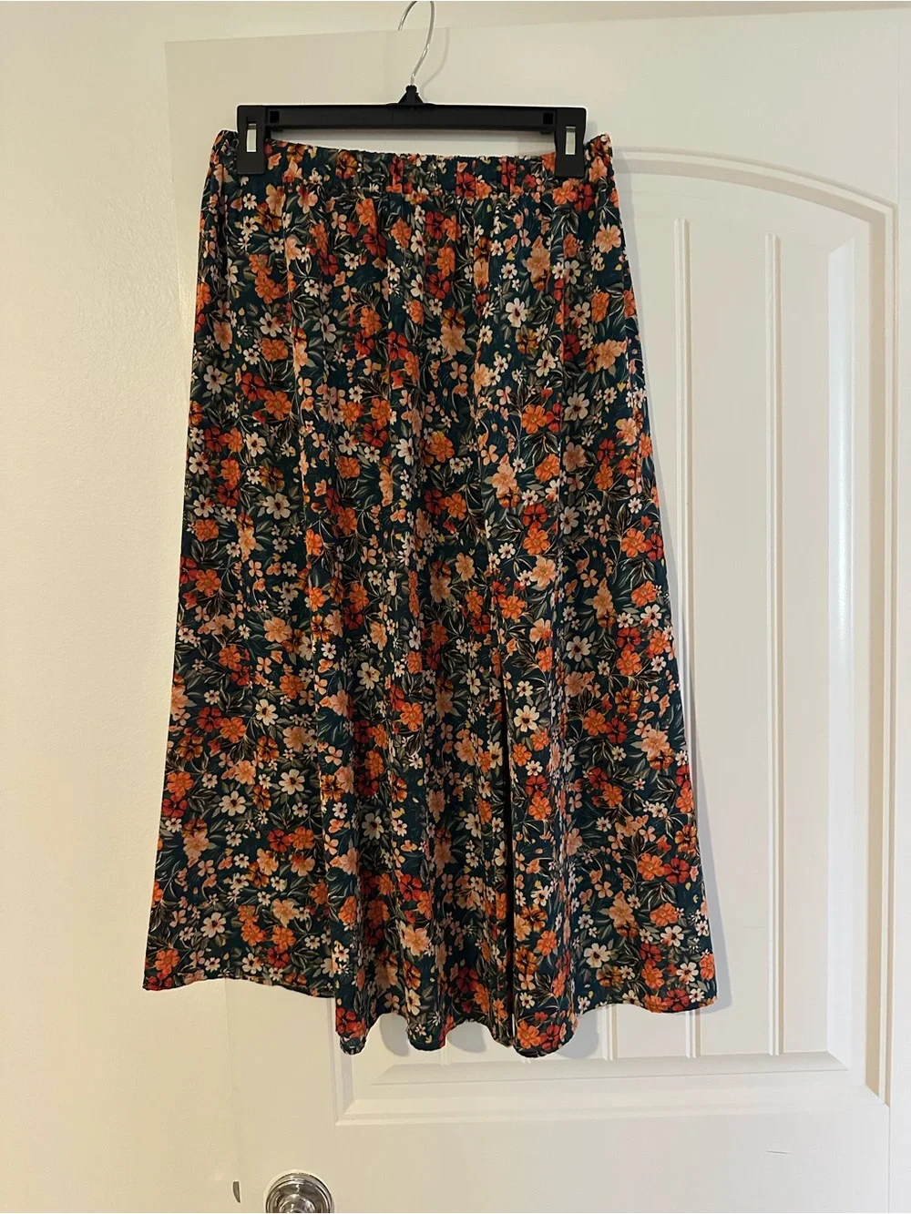 Floral A-Line Midi Skirt in Deep Green and Rust Tones